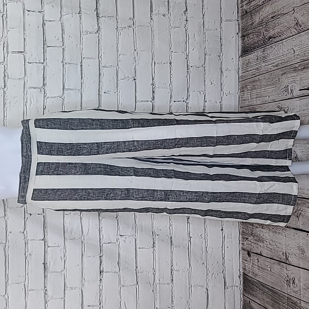 Christian Siriano Striped Wide Leg High Rise Linen Crop Pant in Black/Off-White